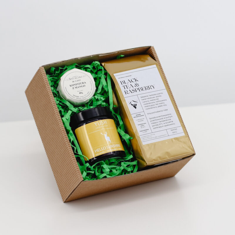 Zestaw prezentowy z konfiturą z mango, herbatą i świecą